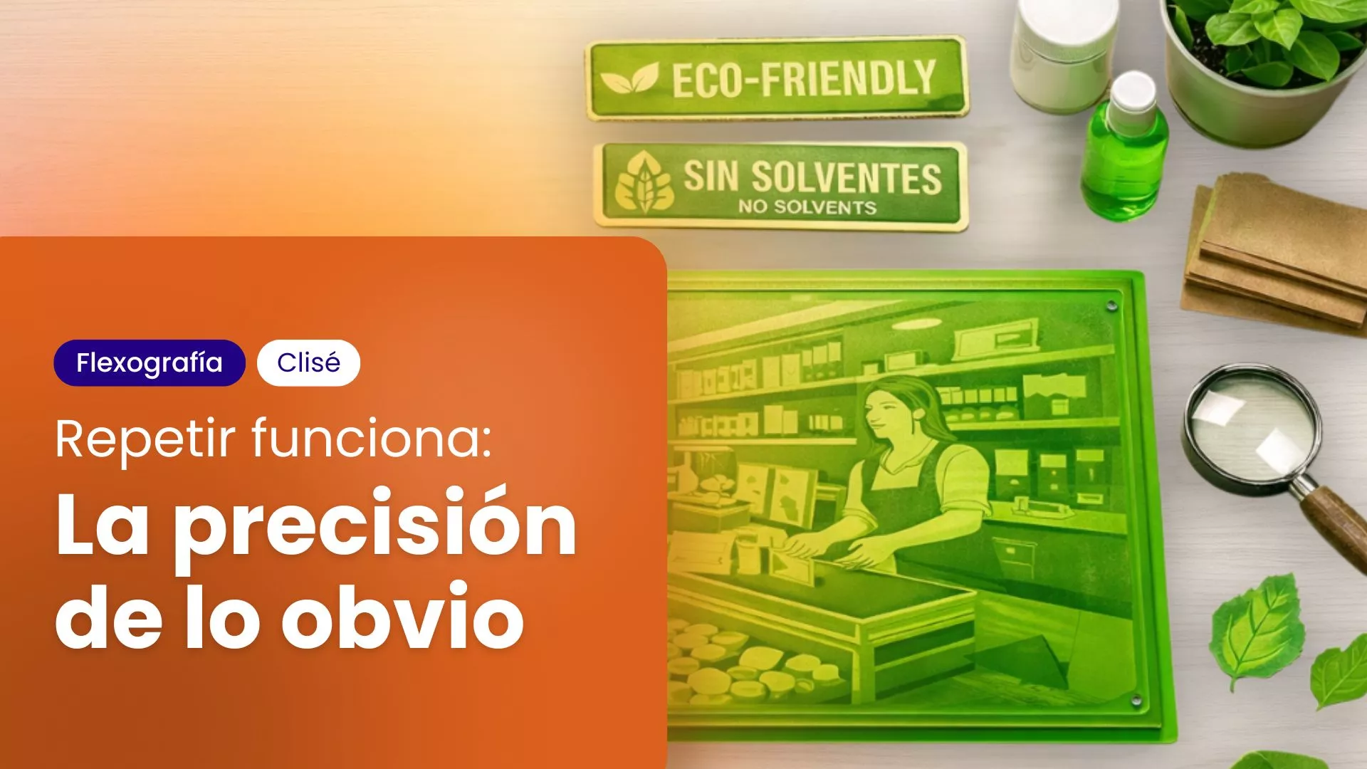 Clisé de flexografía verde con imagen de tienda y mensaje sobre precisión repetitiva