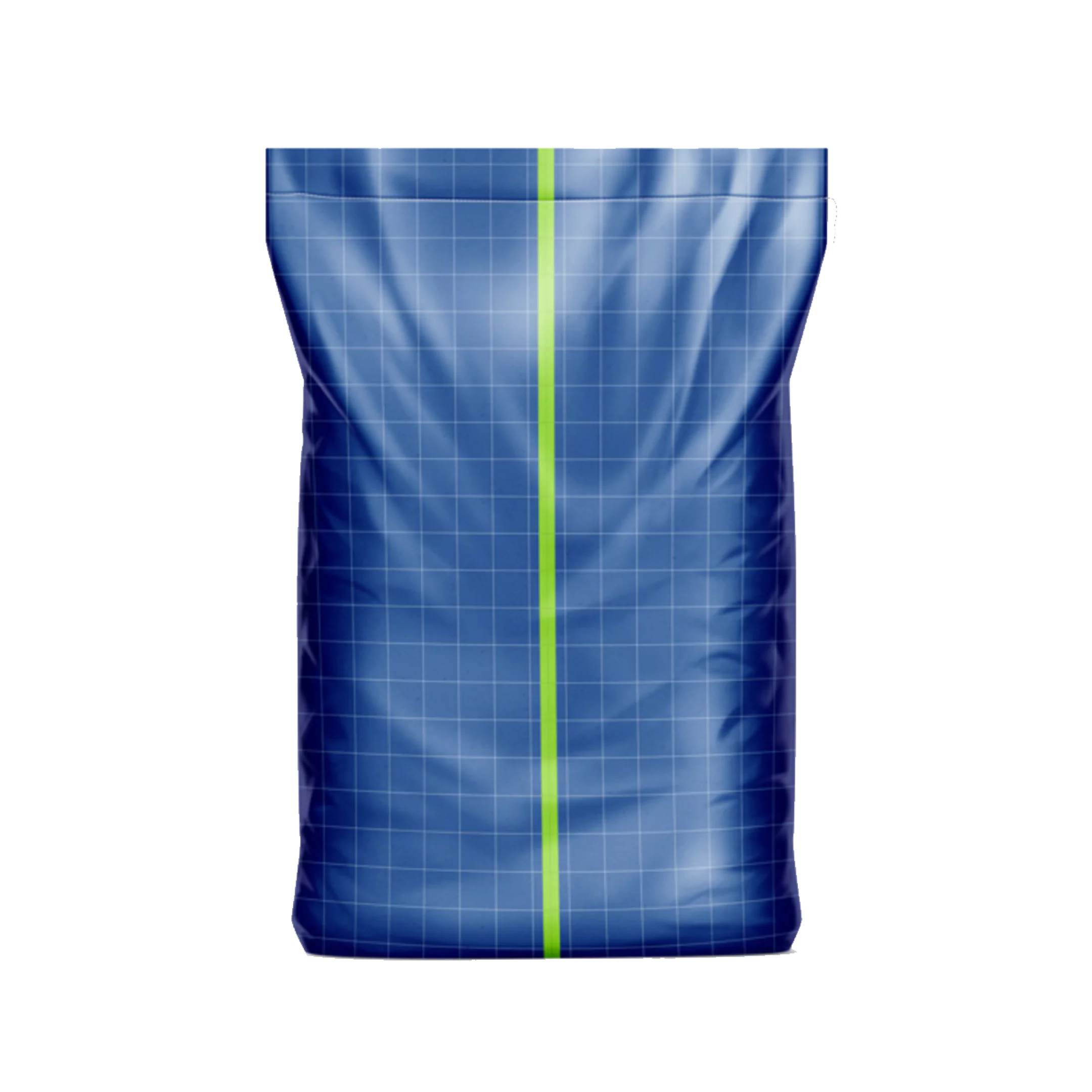 Bolsa plástica azul con textura arrugada, sobre fondo transparente. Tiene un patrón de cuadrícula blanca y una línea vertical verde brillante en el centro que divide visualmente el frente de la bolsa.