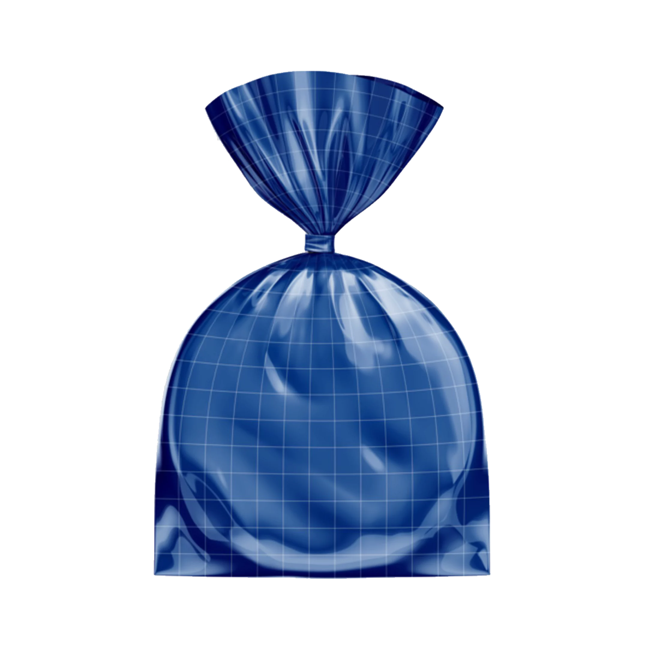 Bolsa plástica azul tipo manga o semi-manga, con acabado brillante y cuadrícula de referencia. Está cerrada en la parte superior mediante un nudo, con sellos laterales visibles. Utilizada comúnmente para empaque manual en procesos industriales o comerciales.