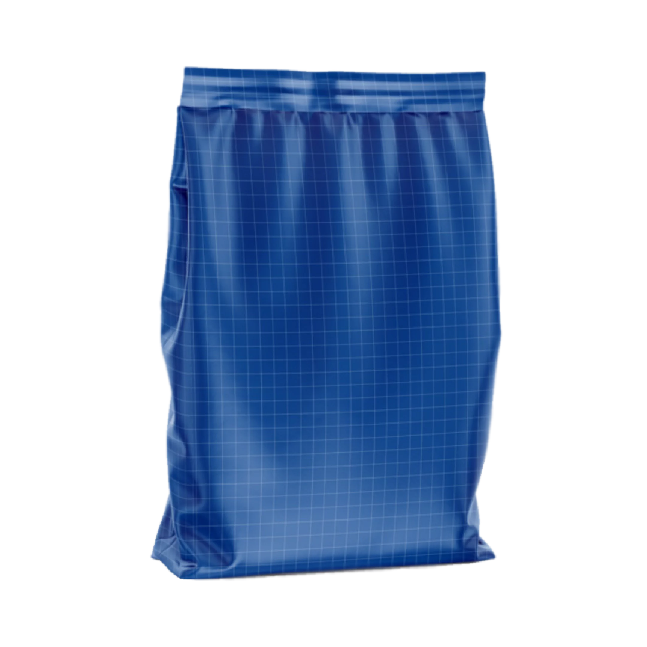Bolsa plástica de color azul con patrón de cuadrícula blanca, sellada en la parte superior, con laterales plegados que permiten expansión. Este empaque tipo almohada es comúnmente utilizado para productos alimenticios a granel o en polvo, como cereales, harinas o snacks, gracias a su capacidad y resistencia.