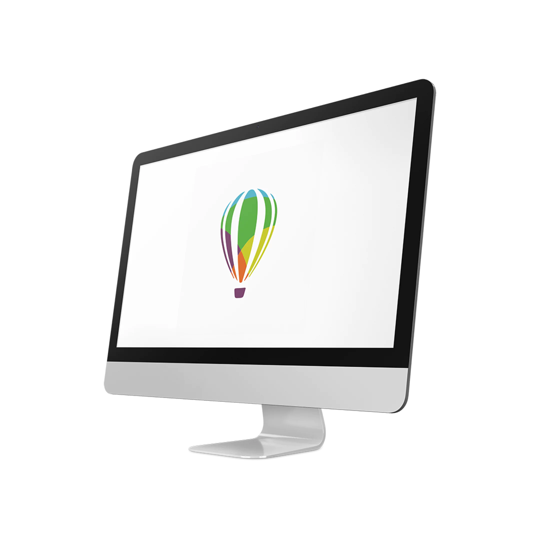 Computadora de escritorio con pantalla encendida mostrando el logotipo de CorelDRAW: un globo aerostático multicolor sobre un fondo blanco.