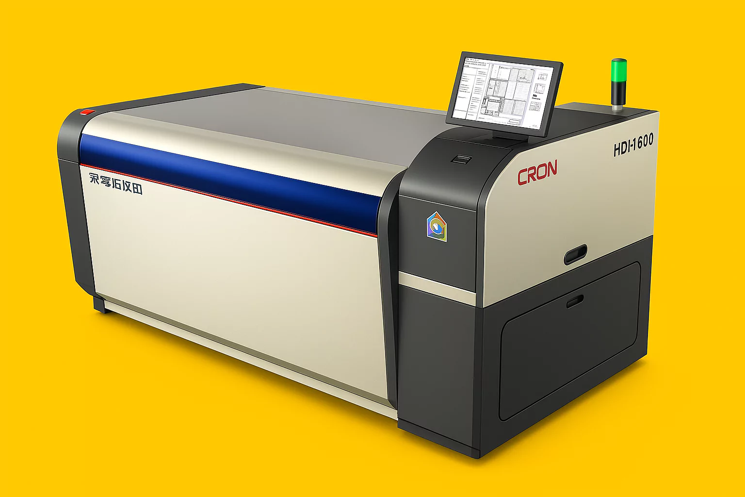 Imagen de una máquina de preprensa flexográfica modelo CRON HDI-1600, en color gris y negro con detalles en azul y rojo. La máquina tiene una pantalla táctil en la parte superior derecha mostrando un diseño técnico. Está ubicada sobre un fondo amarillo vibrante.