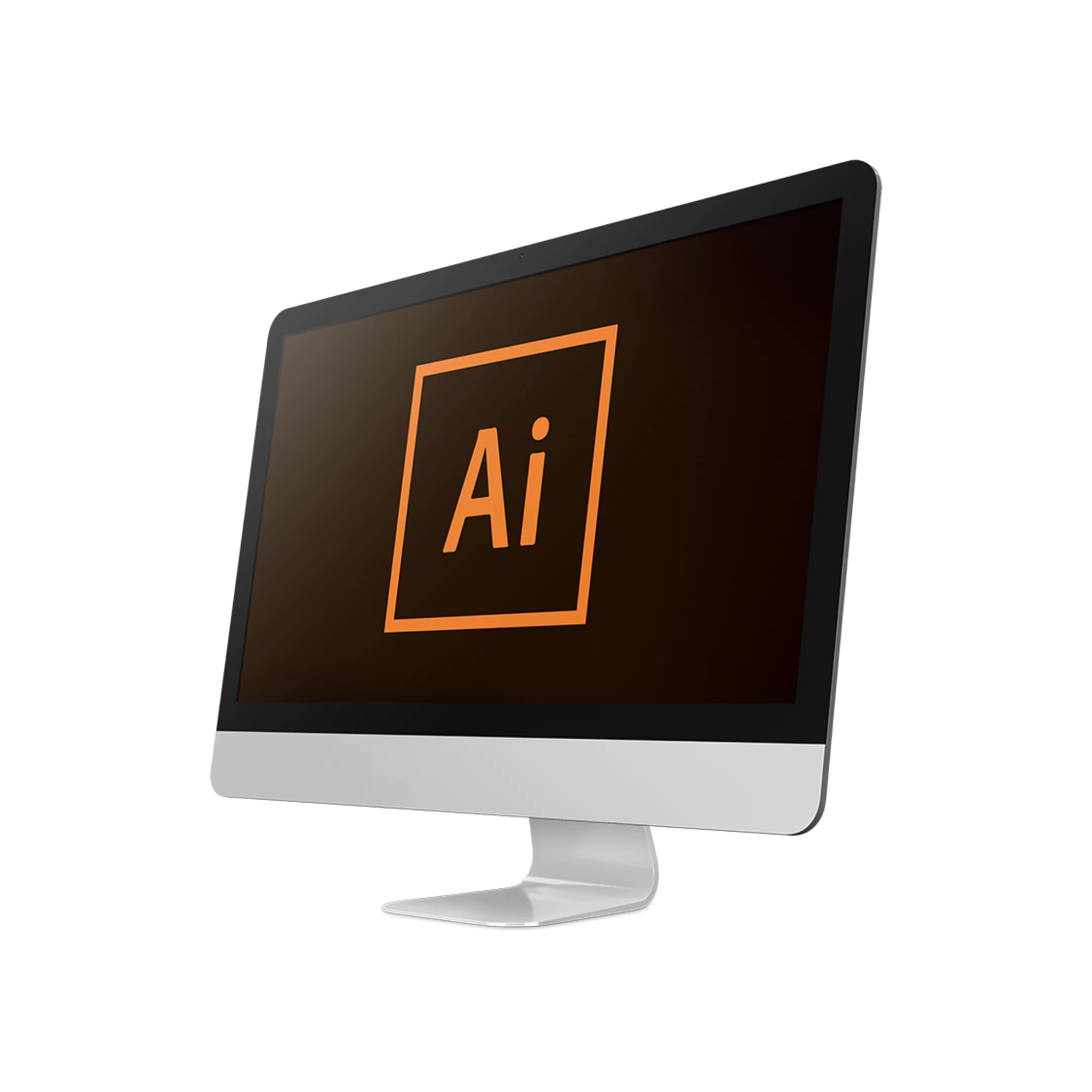 Computadora de escritorio con pantalla encendida mostrando el logotipo de Adobe Illustrator: un recuadro naranja con las letras “Ai” en el centro sobre un fondo oscuro.